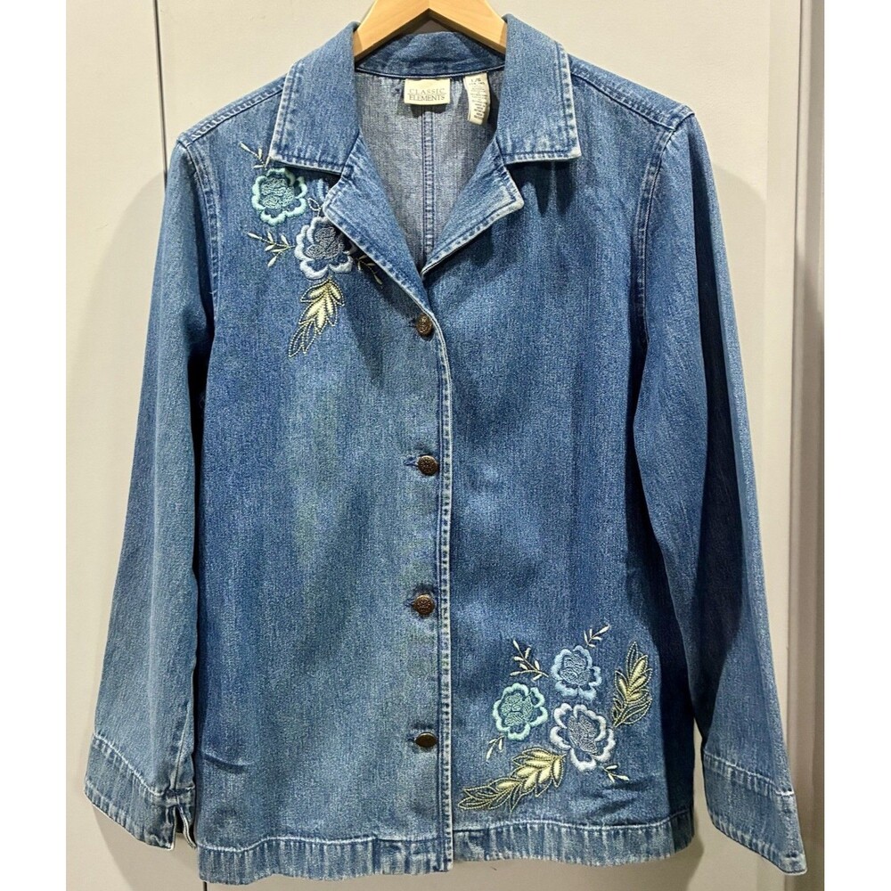 Vintage 90s Classic Elements Embroidered Denim Jacket Floral L/XL Boho Blazer